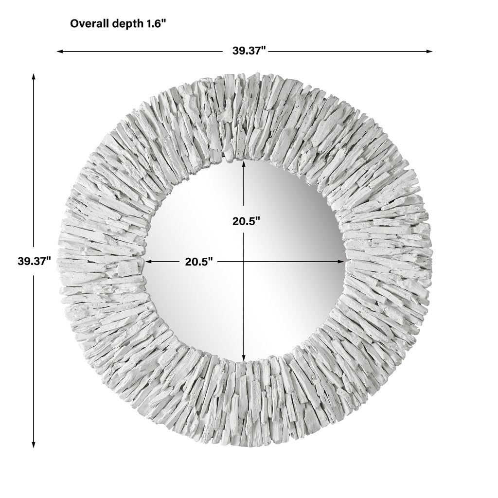 Teak Branch White Round Mirror