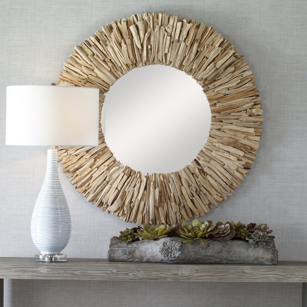 Teak Branch Bleached Round Mirror