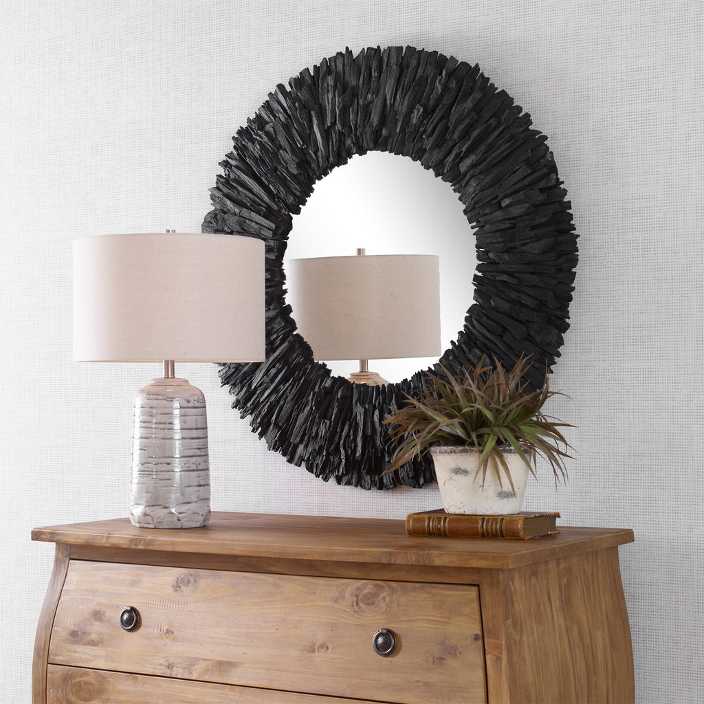 Teak Branch Black Round Mirror