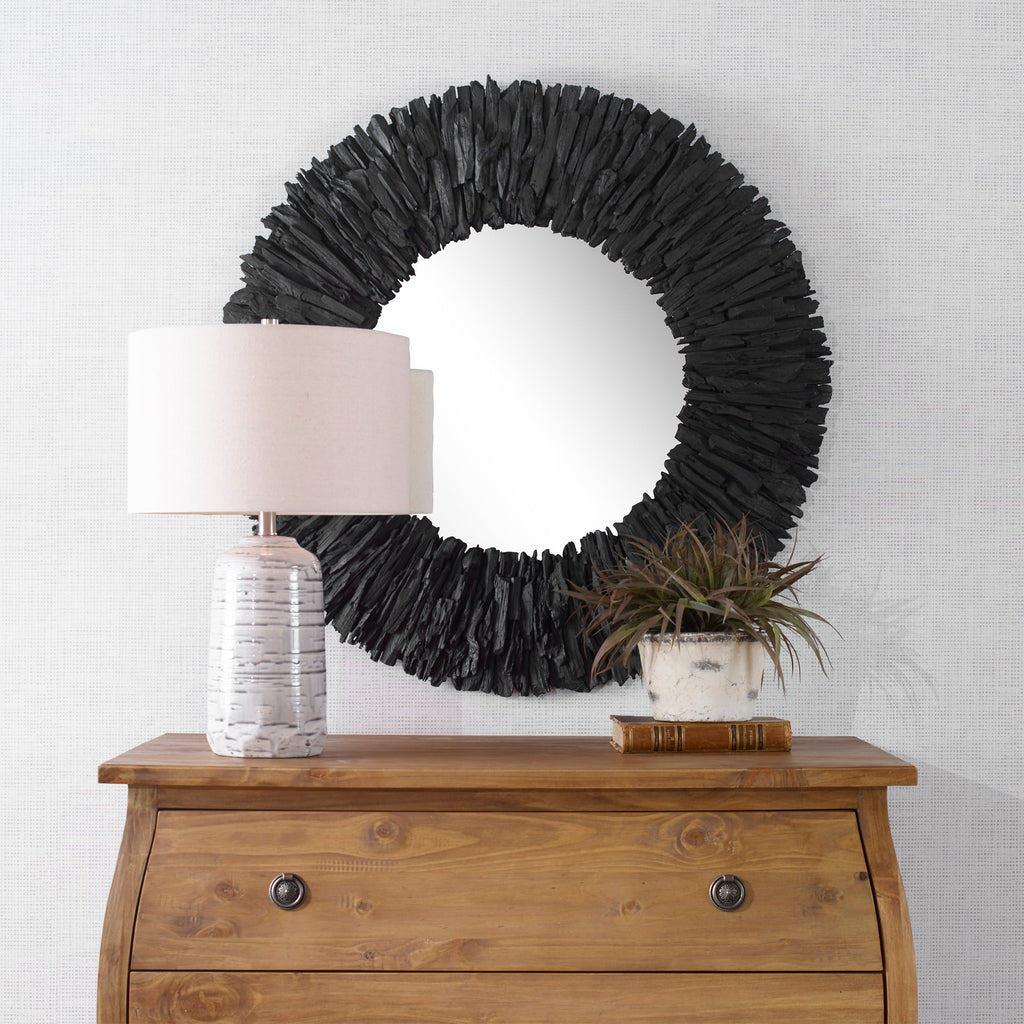 Teak Branch Black Round Mirror