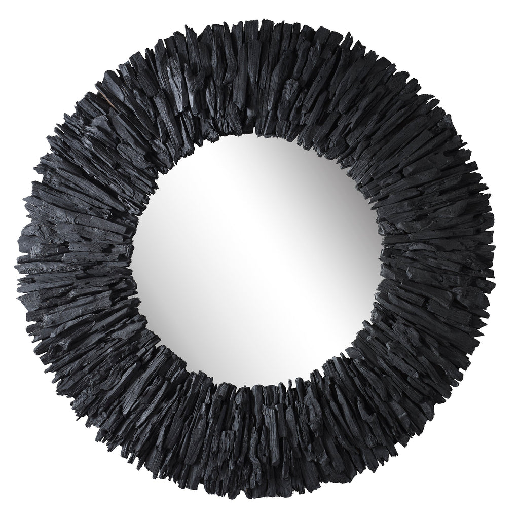 Teak Branch Black Round Mirror