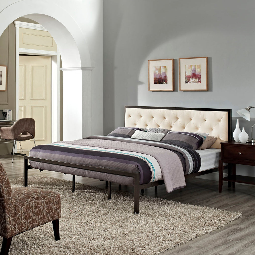 Mia King Fabric Bed in Brown Beige