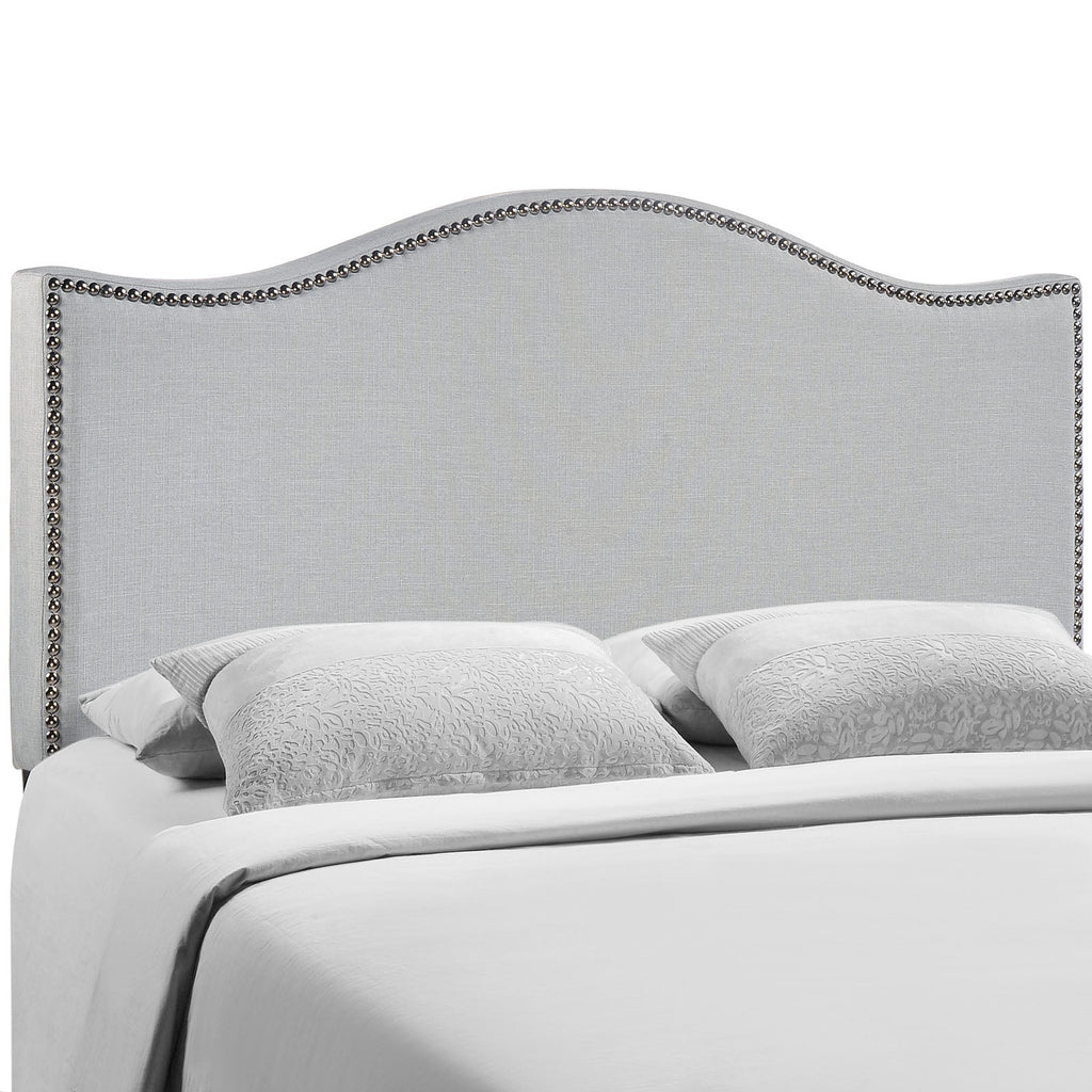 Curl Queen Nailhead Upholstered Headboard in Sky Gray