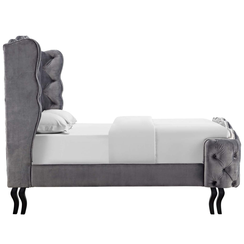 Violette Queen Tufted Wingback Performance Velvet Platform Bed in Gray