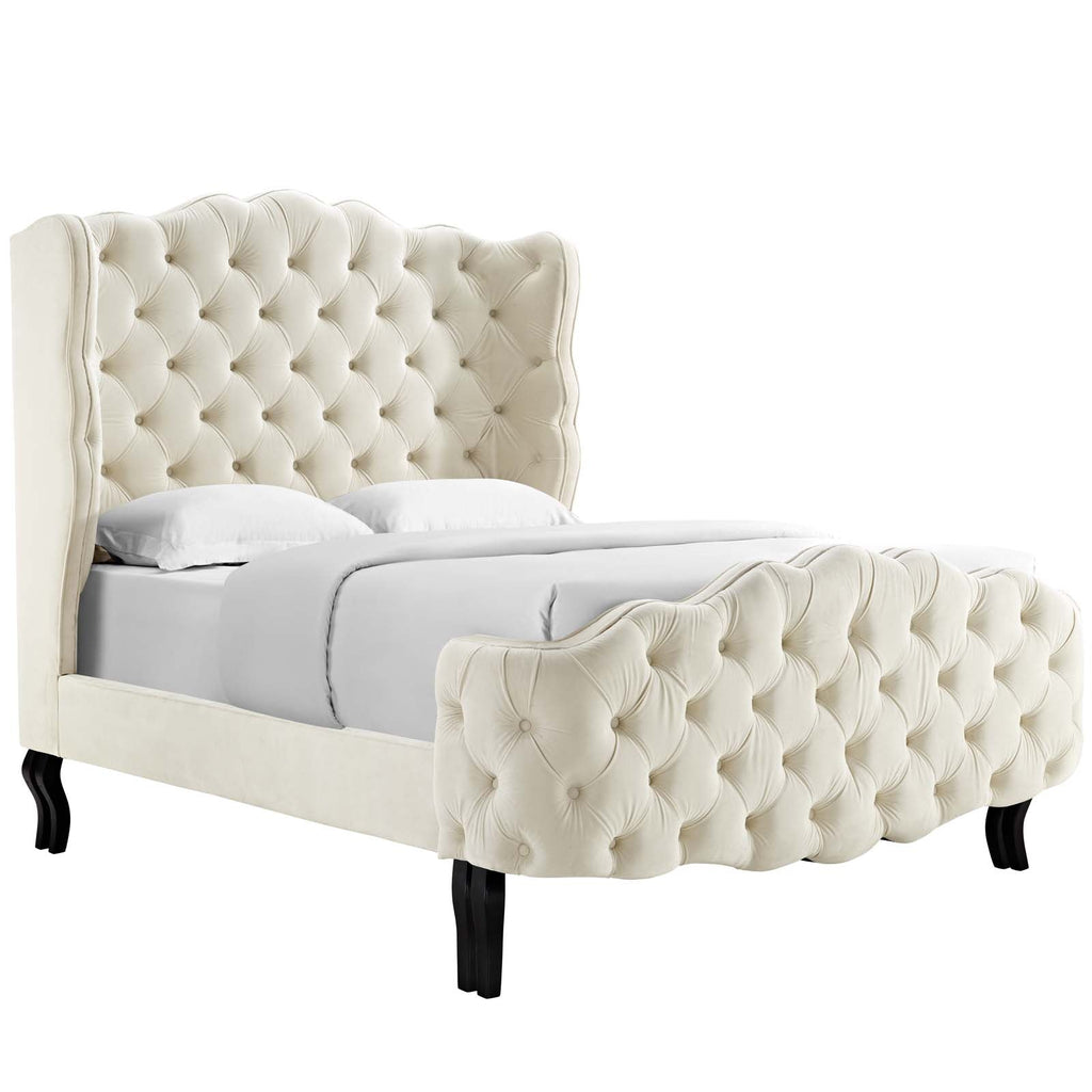 Violette Queen Tufted Wingback Performance Velvet Platform Bed in Ivory