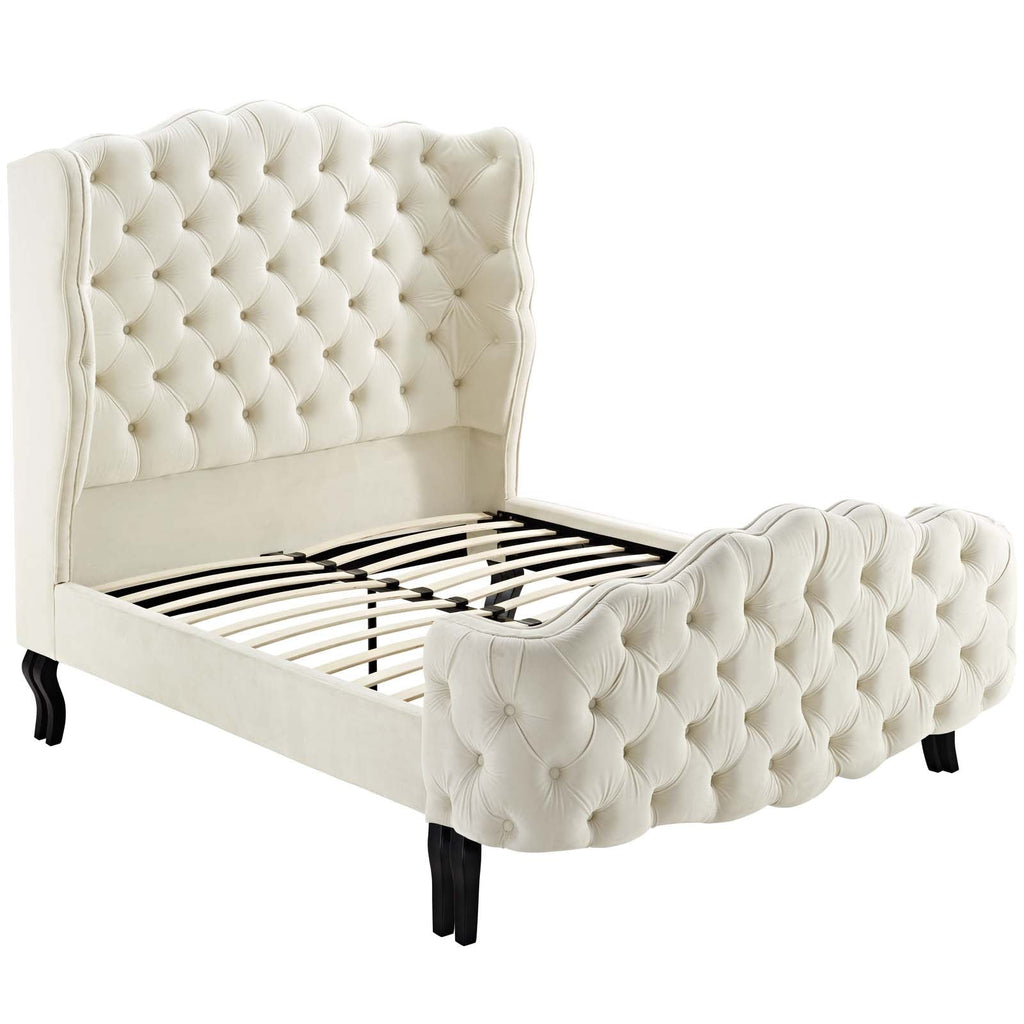 Violette Queen Tufted Wingback Performance Velvet Platform Bed in Ivory