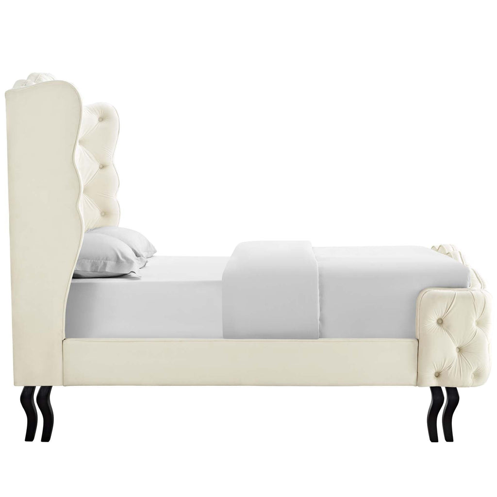 Violette Queen Tufted Wingback Performance Velvet Platform Bed in Ivory