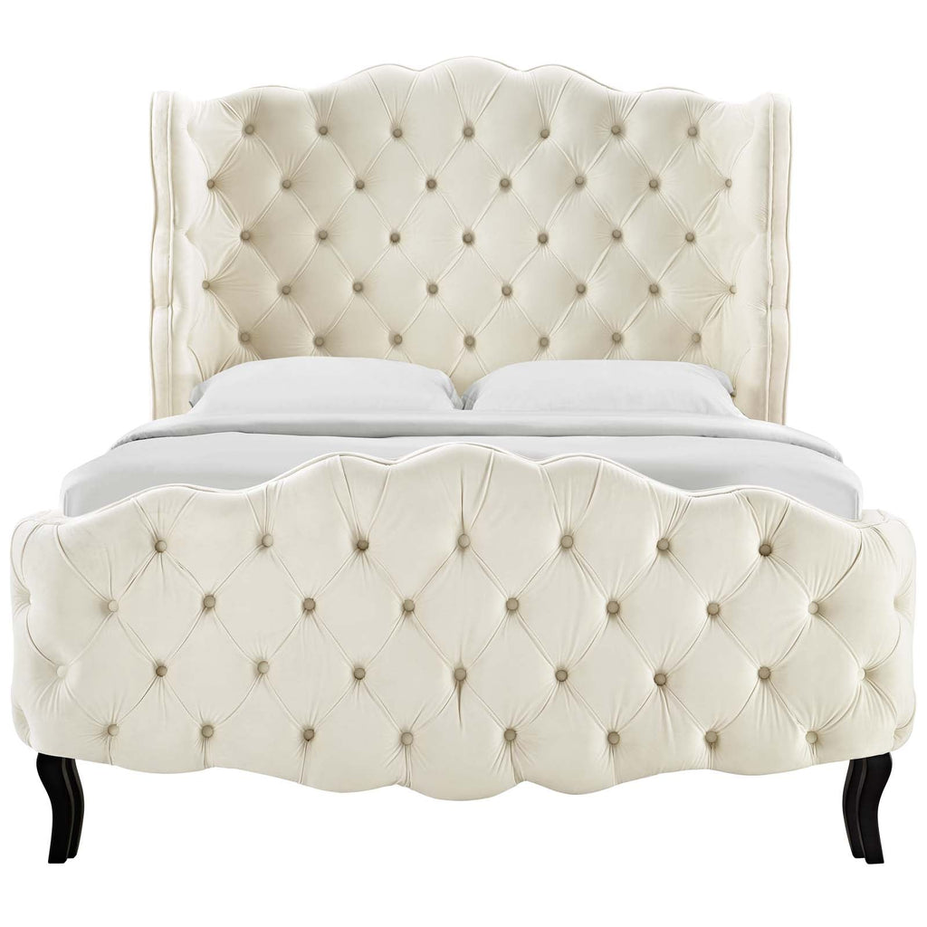 Violette Queen Tufted Wingback Performance Velvet Platform Bed in Ivory