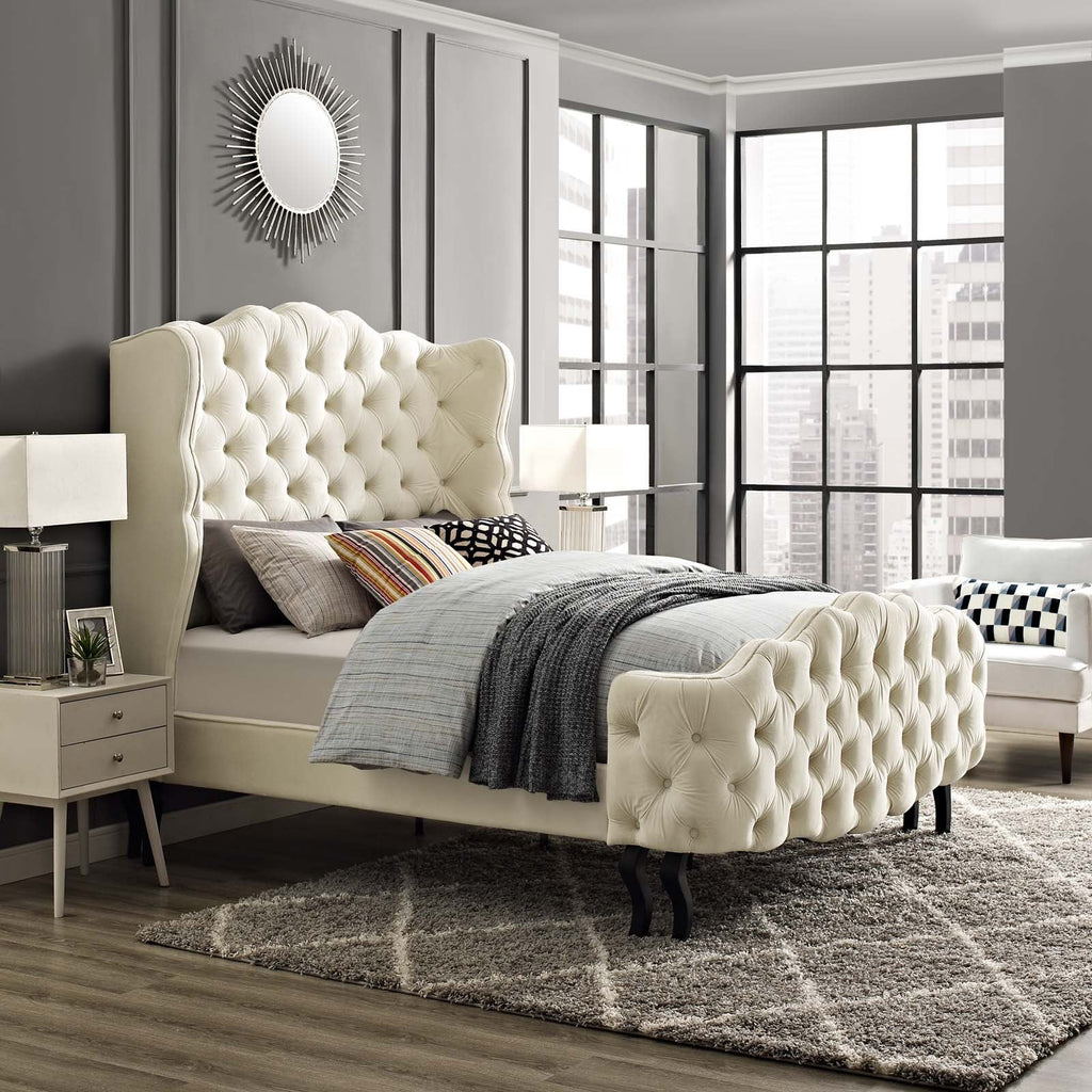 Violette Queen Tufted Wingback Performance Velvet Platform Bed in Ivory