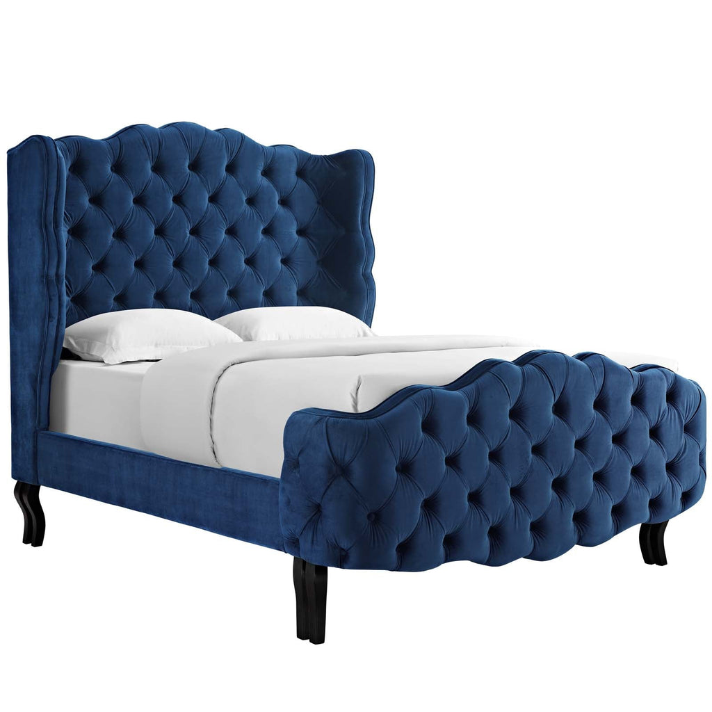 Violette Queen Tufted Wingback Performance Velvet Platform Bed in Navy