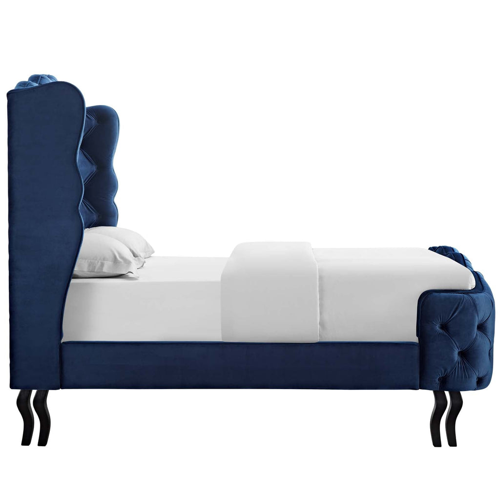 Violette Queen Tufted Wingback Performance Velvet Platform Bed in Navy