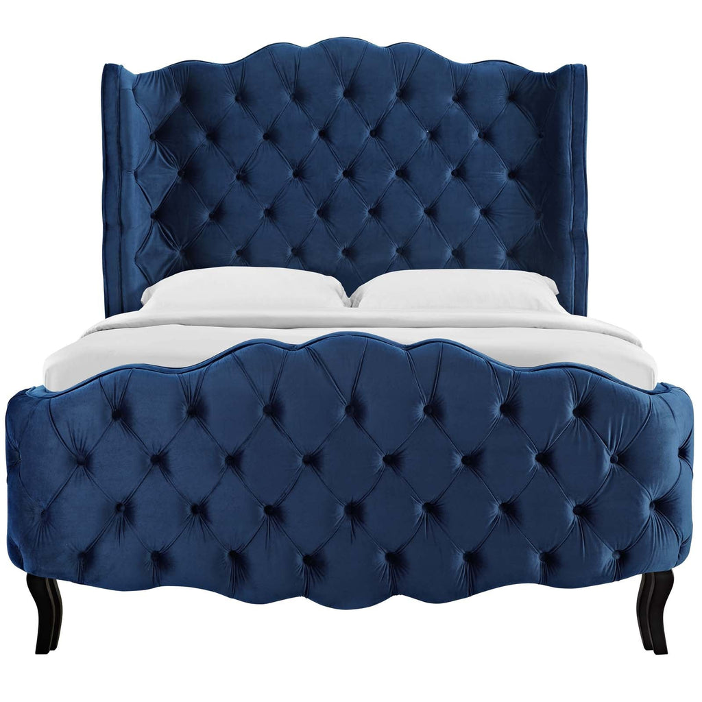 Violette Queen Tufted Wingback Performance Velvet Platform Bed in Navy