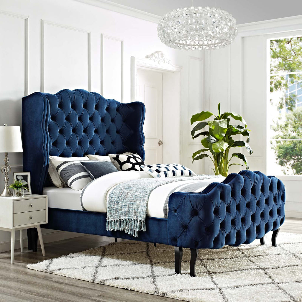 Violette Queen Tufted Wingback Performance Velvet Platform Bed in Navy