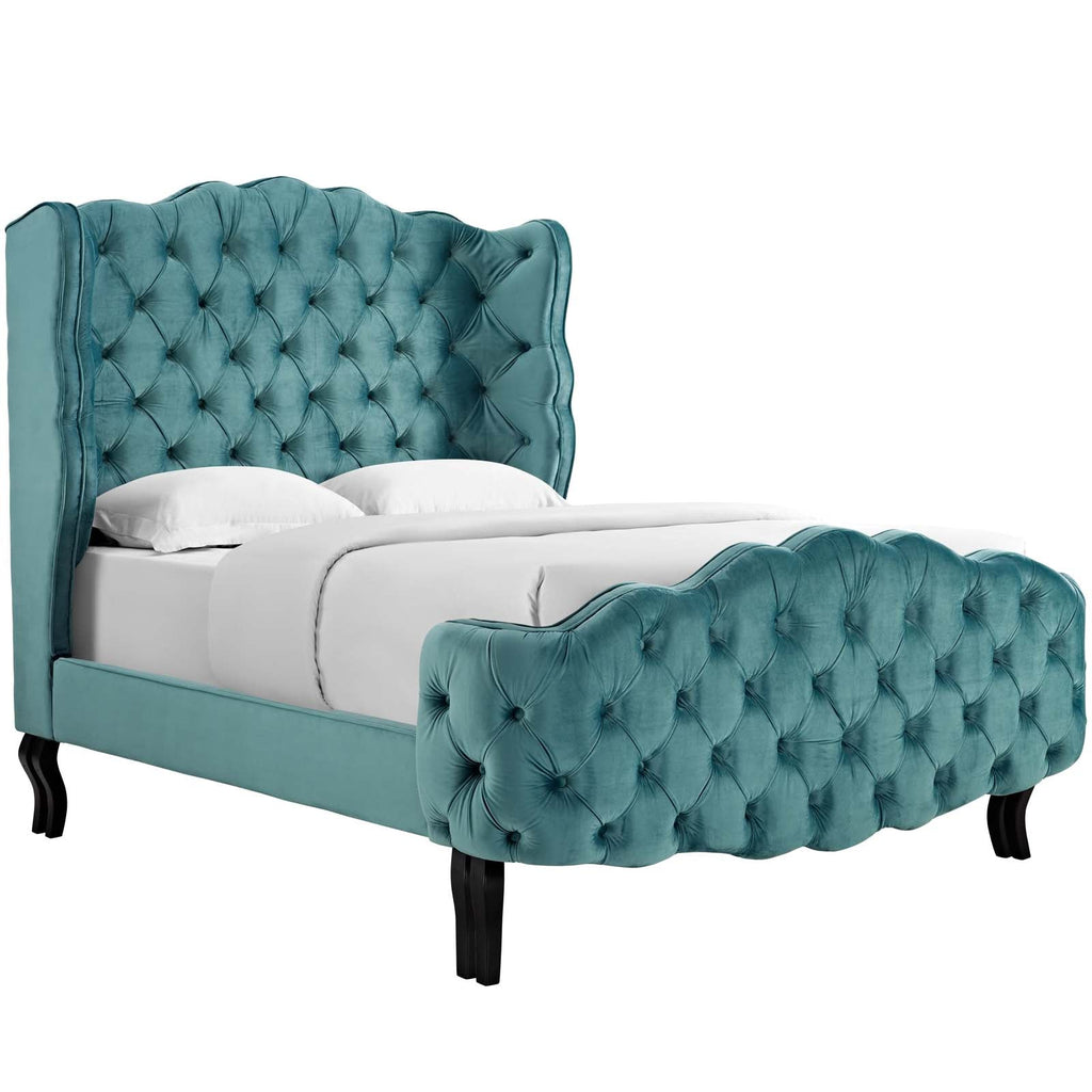 Violette Queen Tufted Wingback Performance Velvet Platform Bed in Sea Blue