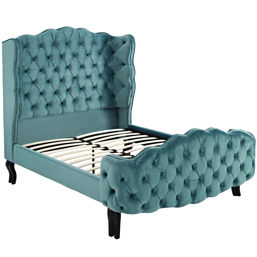 Violette Queen Tufted Wingback Performance Velvet Platform Bed in Sea Blue