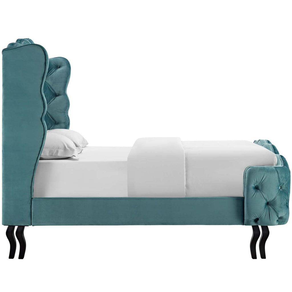 Violette Queen Tufted Wingback Performance Velvet Platform Bed in Sea Blue