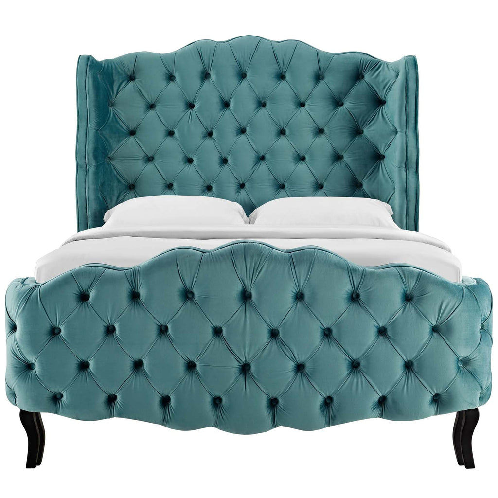 Violette Queen Tufted Wingback Performance Velvet Platform Bed In Sea 