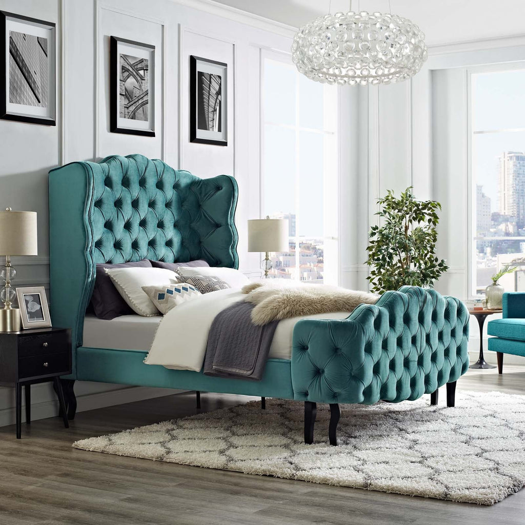 Violette Queen Tufted Wingback Performance Velvet Platform Bed in Sea Blue