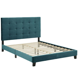 Melanie Twin Tufted Button Upholstered Performance Velvet Platform Bed in Sea Blue