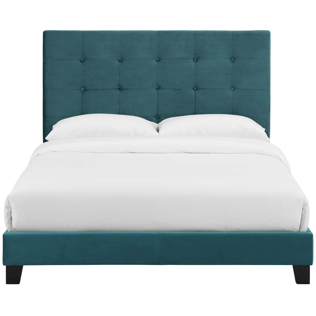 Melanie Twin Tufted Button Upholstered Performance Velvet Platform Bed in Sea Blue