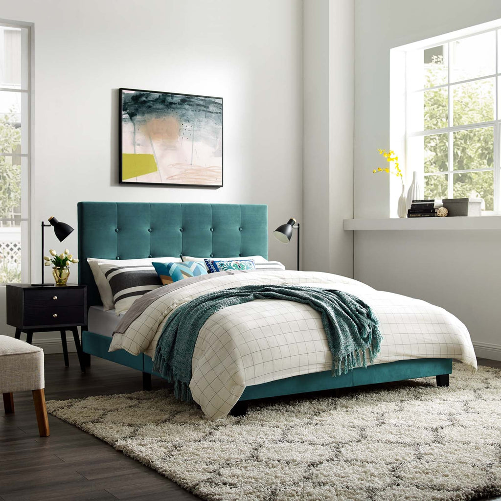 Melanie Twin Tufted Button Upholstered Performance Velvet Platform Bed in Sea Blue