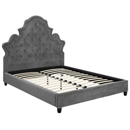 Valentina Queen Tufted Nailhead Performance Velvet Platform Bed in Gray