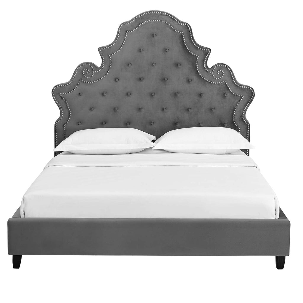 Valentina Queen Tufted Nailhead Performance Velvet Platform Bed in Gray