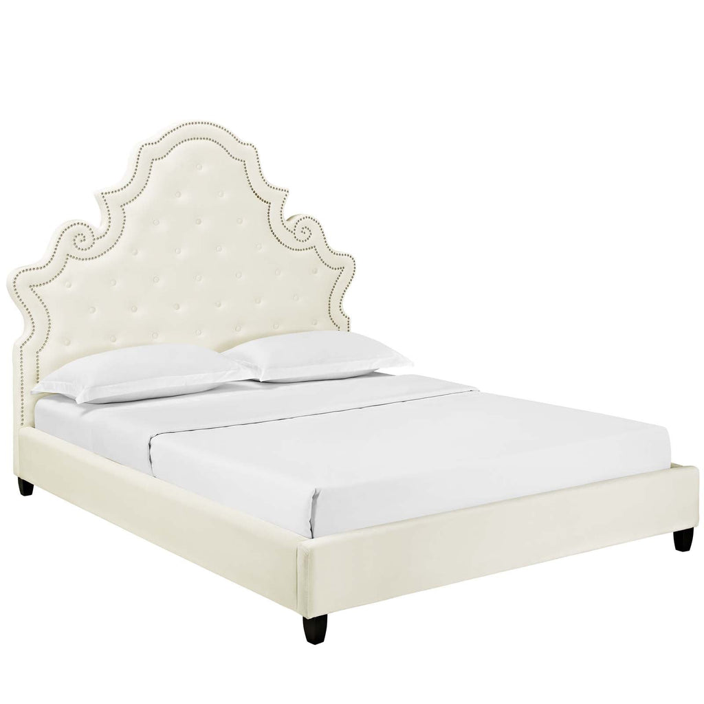 Valentina Queen Tufted Nailhead Performance Velvet Platform Bed in Ivory