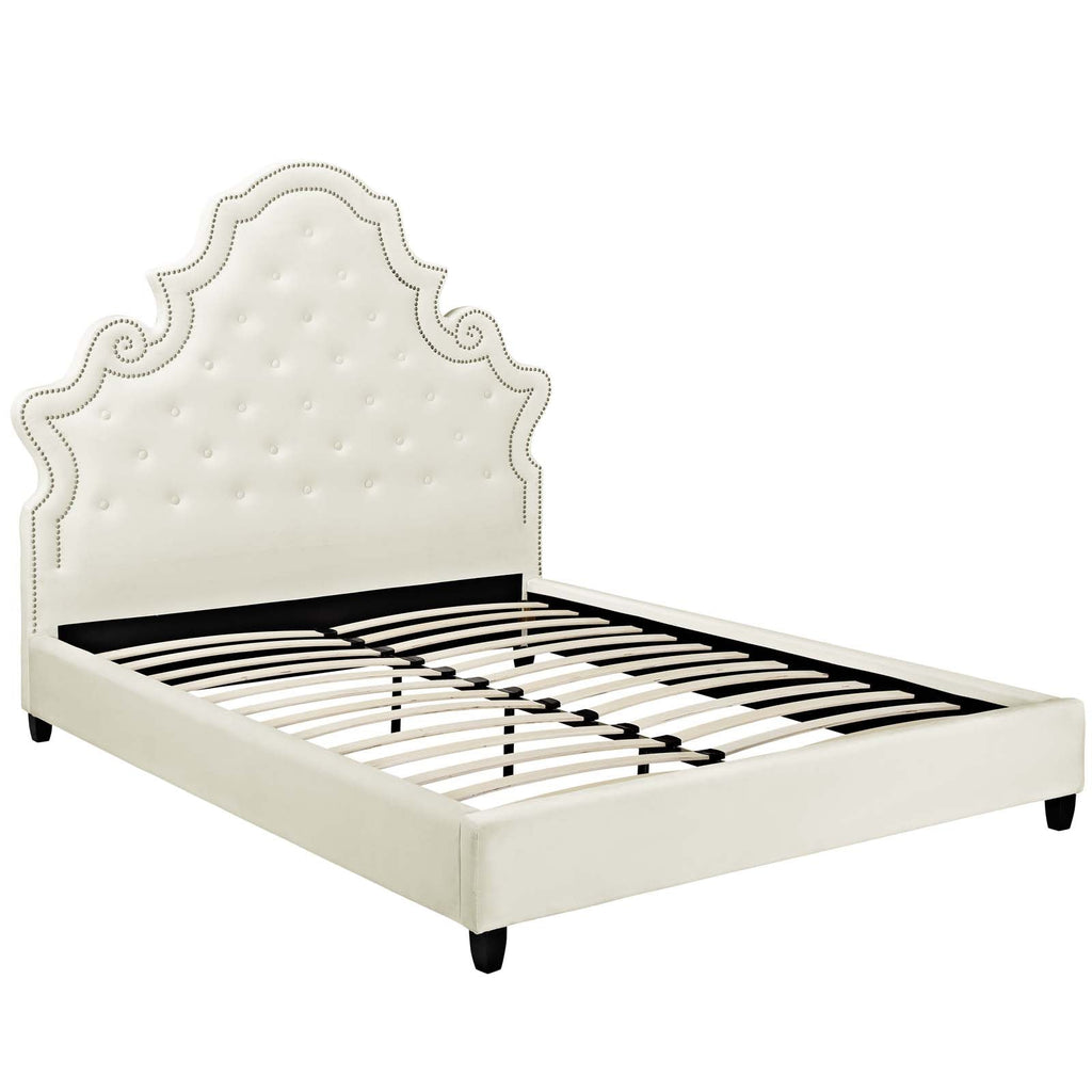 Valentina Queen Tufted Nailhead Performance Velvet Platform Bed in Ivory