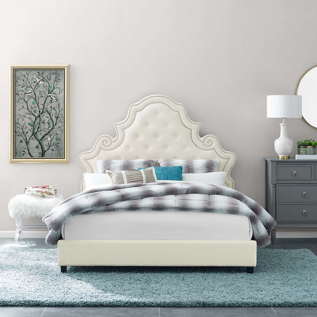 Valentina Queen Tufted Nailhead Performance Velvet Platform Bed in Ivory