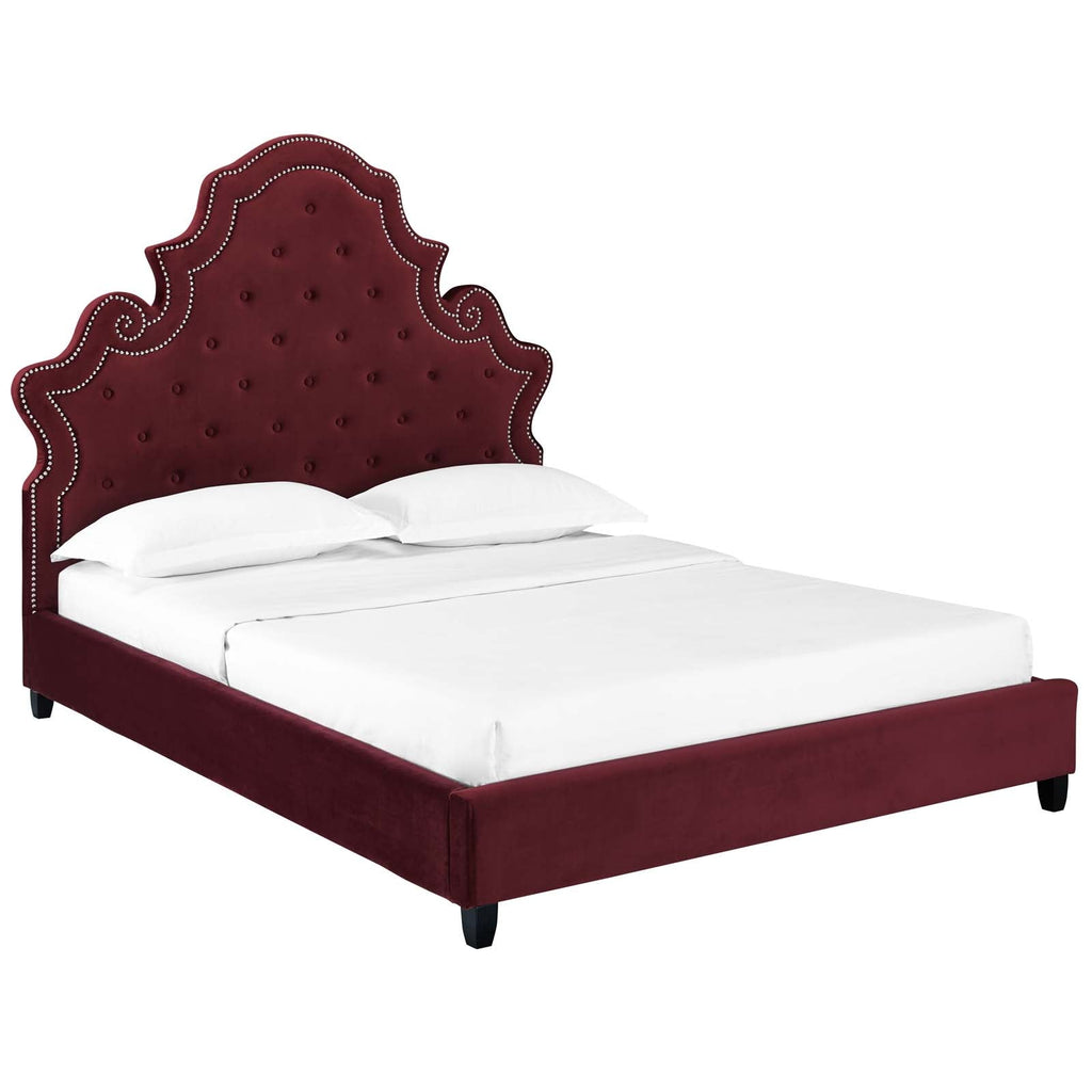 Valentina Queen Tufted Nailhead Performance Velvet Platform Bed in Maroon