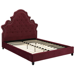 Valentina Queen Tufted Nailhead Performance Velvet Platform Bed in Maroon