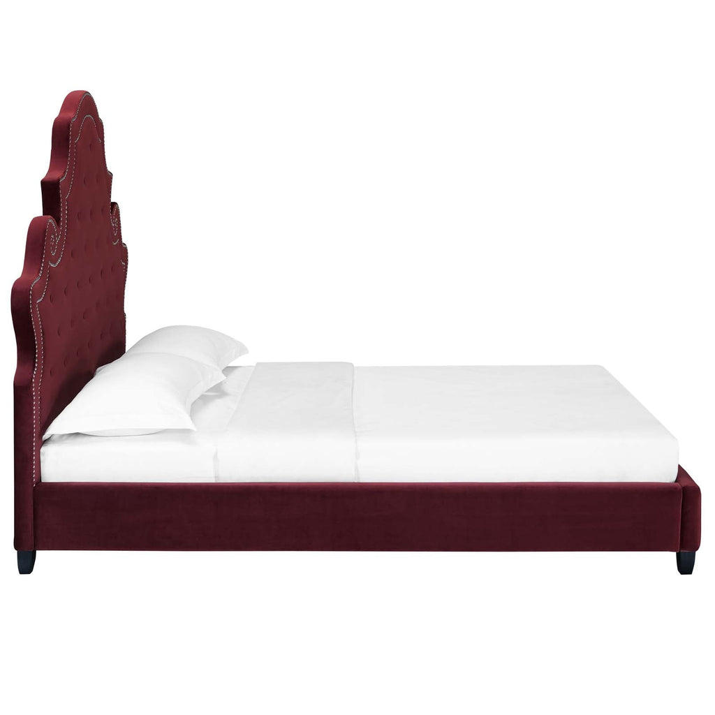 Valentina Queen Tufted Nailhead Performance Velvet Platform Bed in Maroon