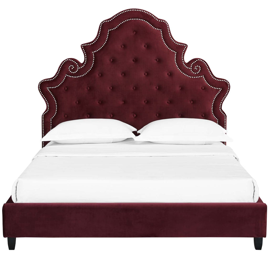 Valentina Queen Tufted Nailhead Performance Velvet Platform Bed in Maroon