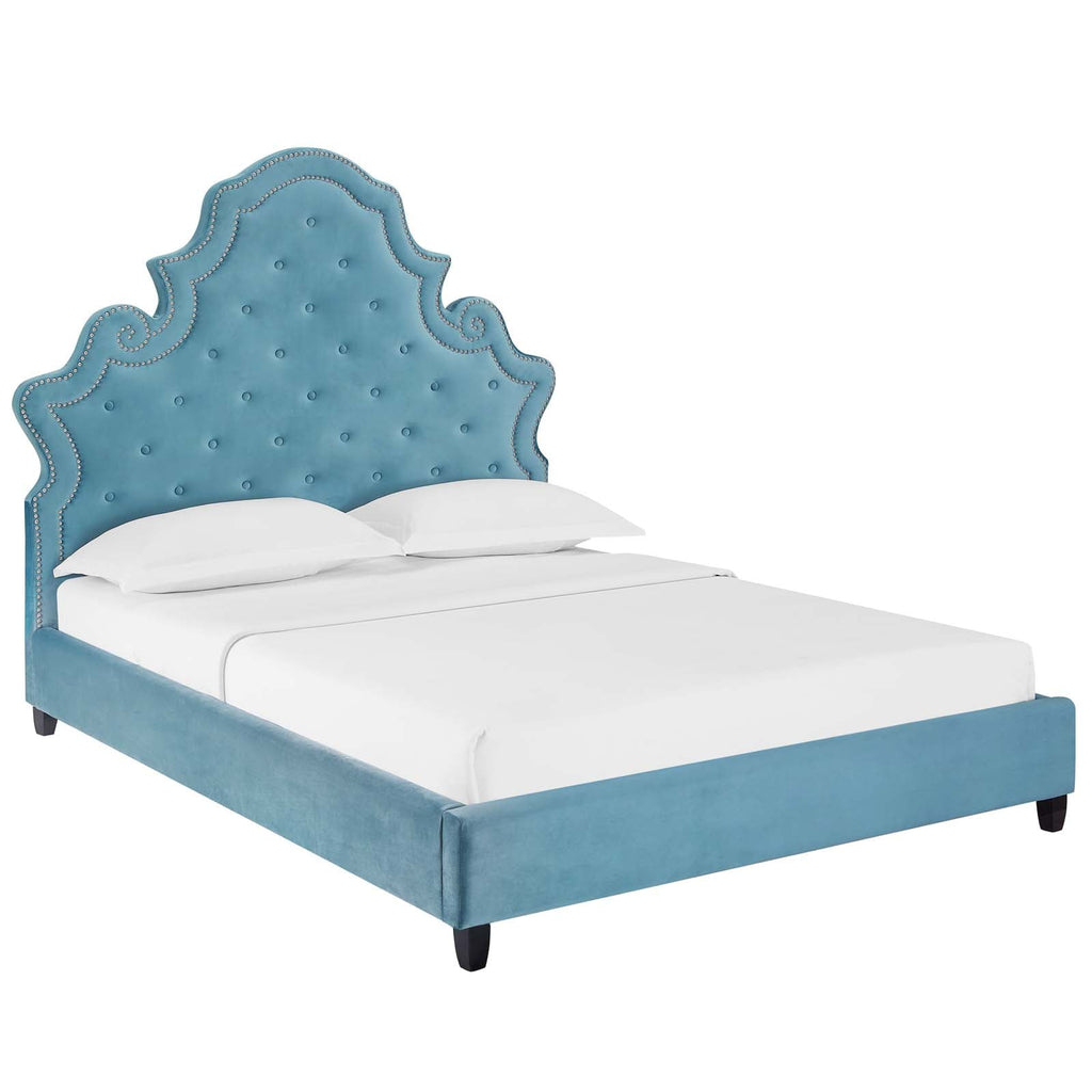 Valentina Queen Tufted Nailhead Performance Velvet Platform Bed in Sea Blue