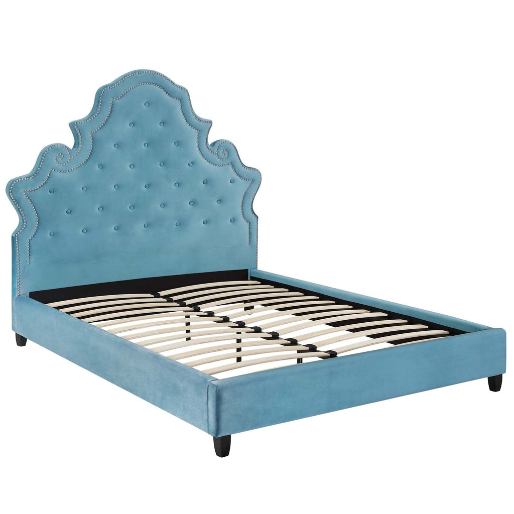 Valentina Queen Tufted Nailhead Performance Velvet Platform Bed in Sea Blue