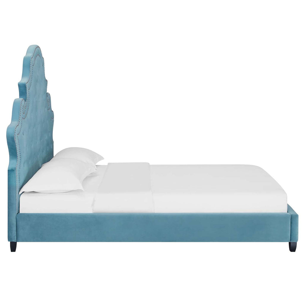 Valentina Queen Tufted Nailhead Performance Velvet Platform Bed in Sea Blue