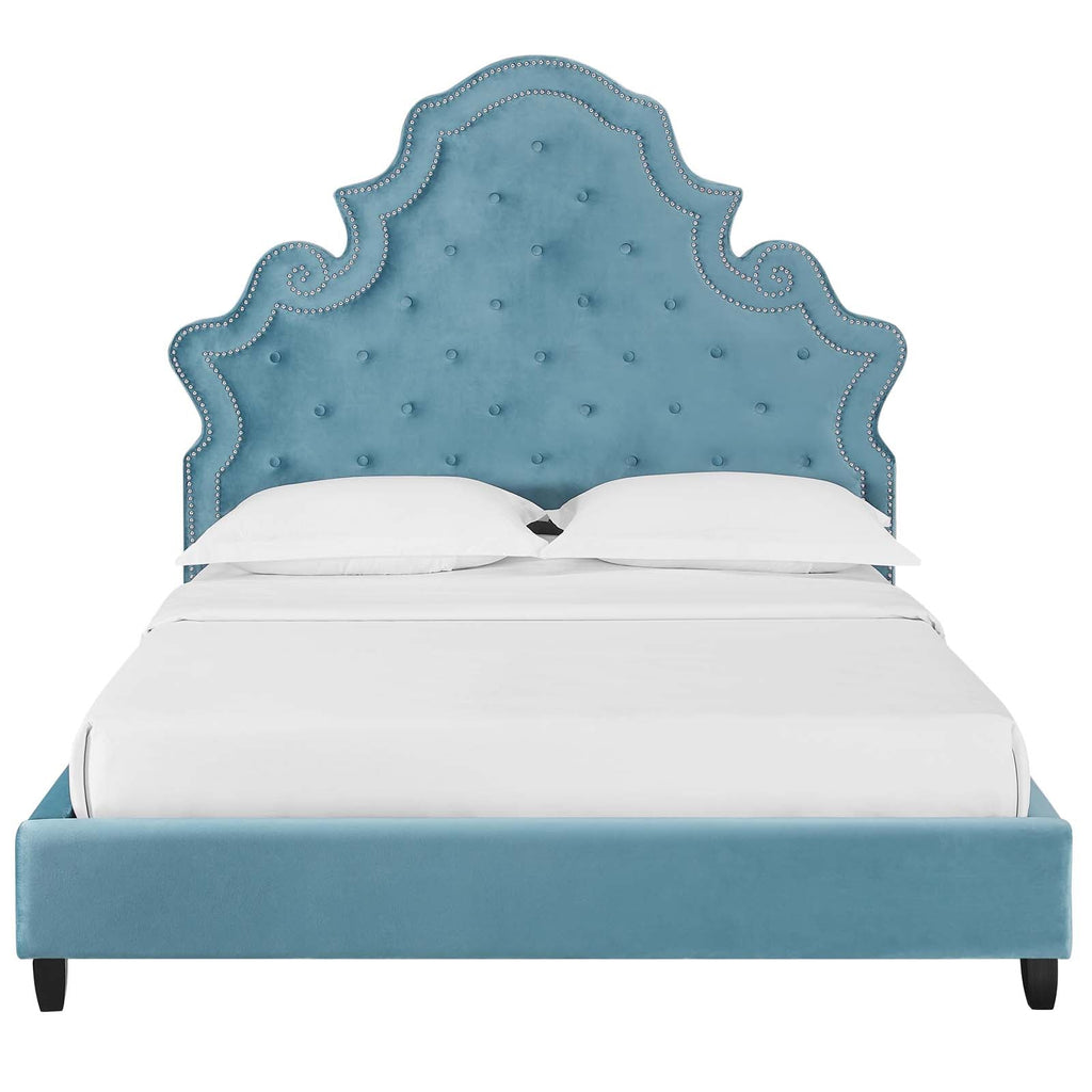 Valentina Queen Tufted Nailhead Performance Velvet Platform Bed in Sea Blue