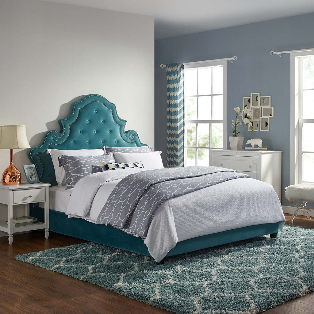 Valentina Queen Tufted Nailhead Performance Velvet Platform Bed in Sea Blue