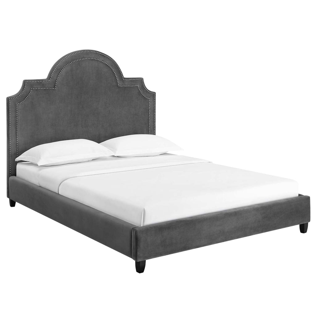 Primrose Queen Performance Velvet Platform Bed in Gray