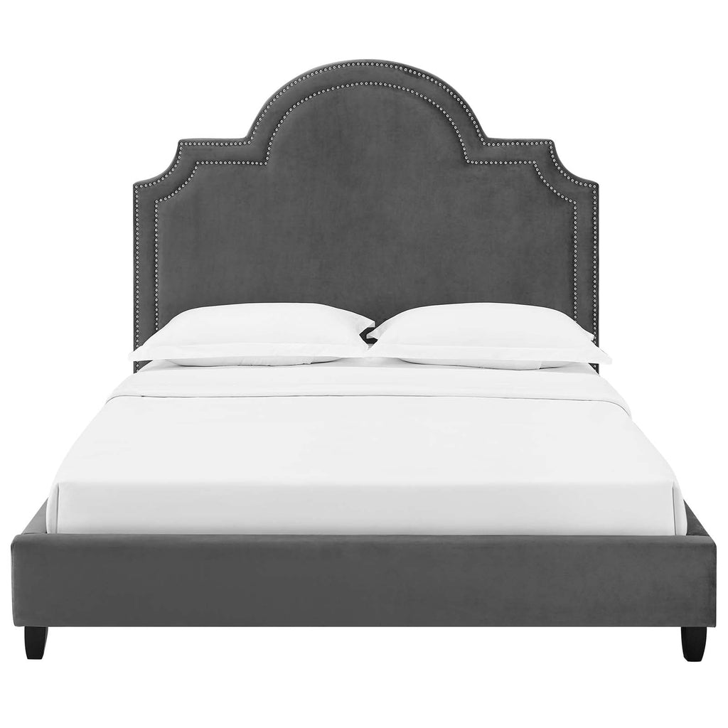 Primrose Queen Performance Velvet Platform Bed in Gray