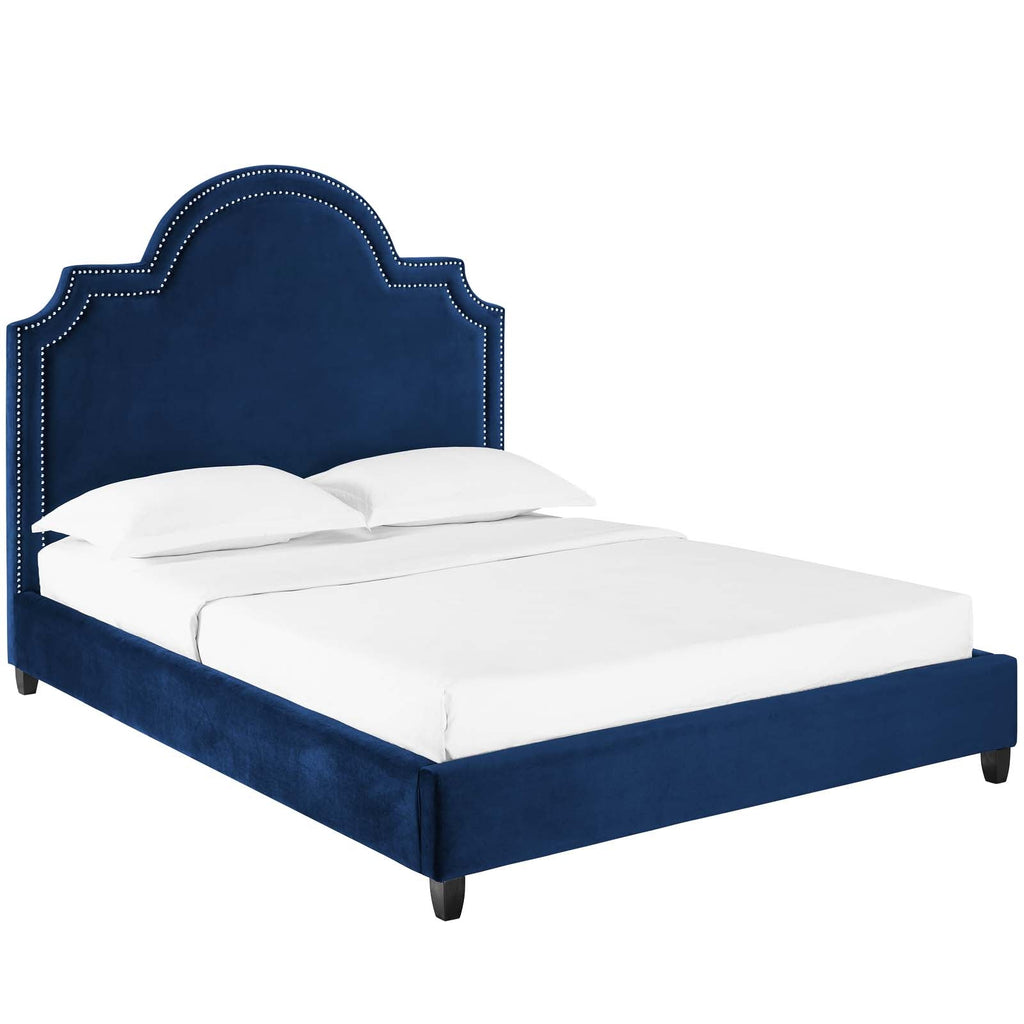 Primrose Queen Performance Velvet Platform Bed in Navy