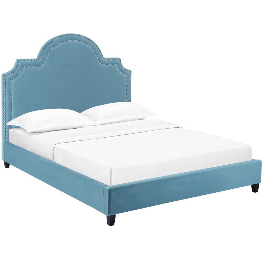 Primrose Queen Performance Velvet Platform Bed in Sea Blue