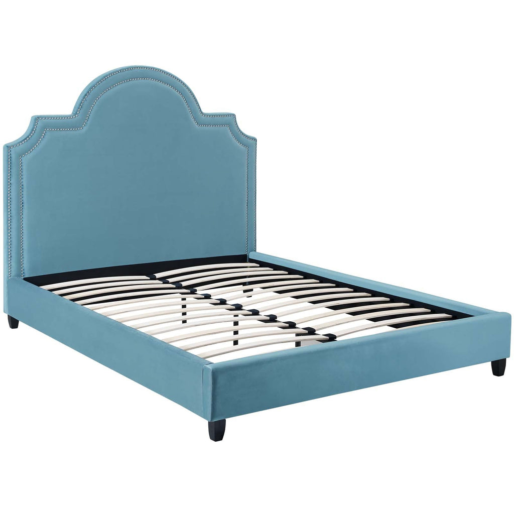 Primrose Queen Performance Velvet Platform Bed in Sea Blue