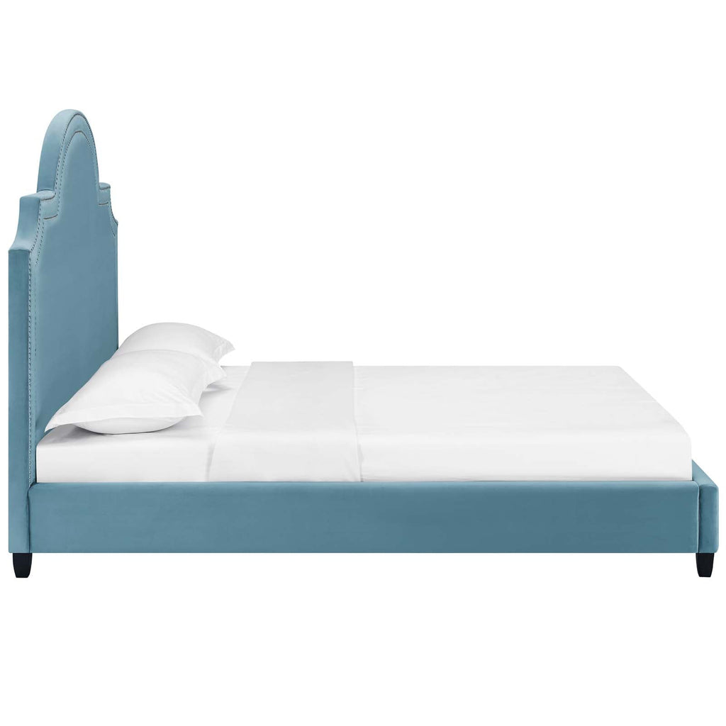 Primrose Queen Performance Velvet Platform Bed in Sea Blue