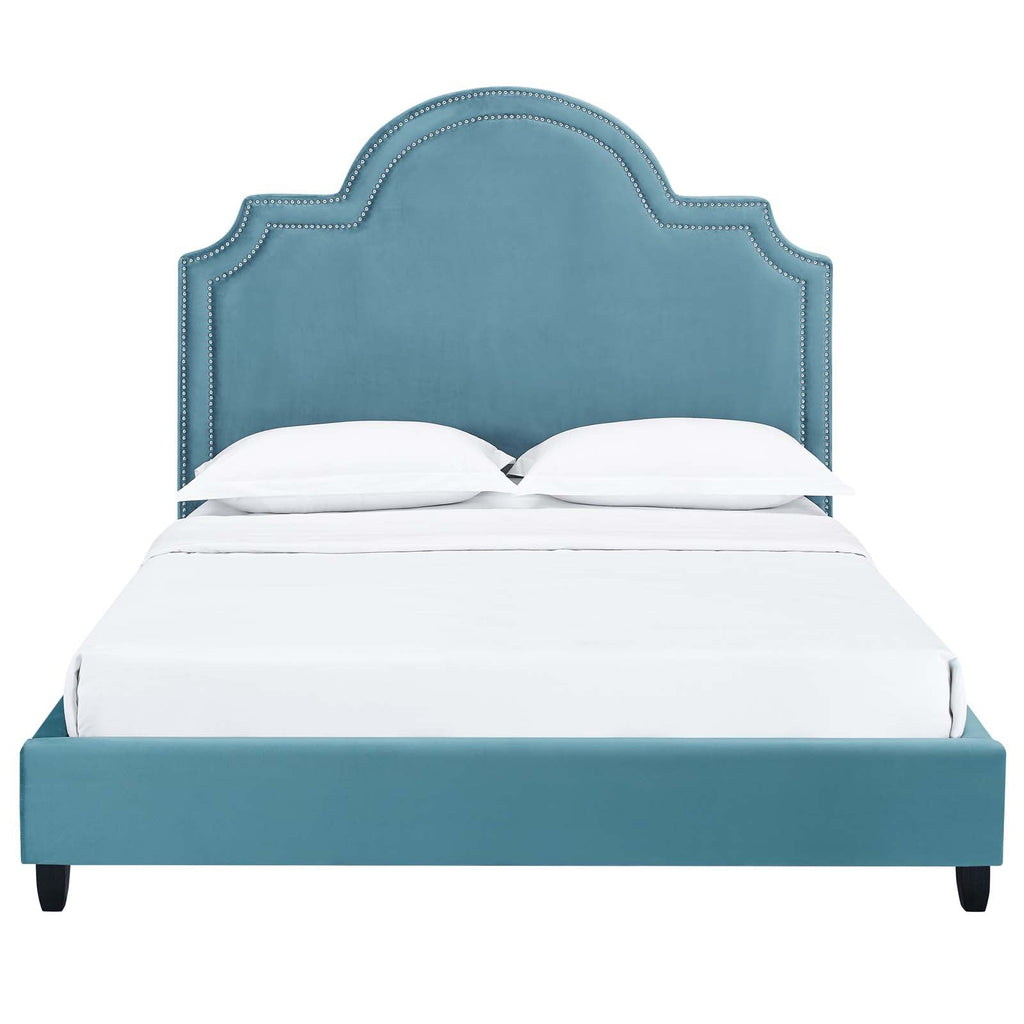 Primrose Queen Performance Velvet Platform Bed in Sea Blue