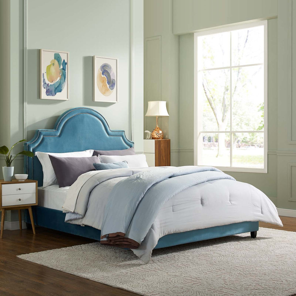 Primrose Queen Performance Velvet Platform Bed in Sea Blue