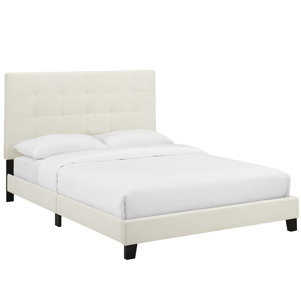 Melanie King Tufted Button Upholstered Performance Velvet Platform Bed in Ivory