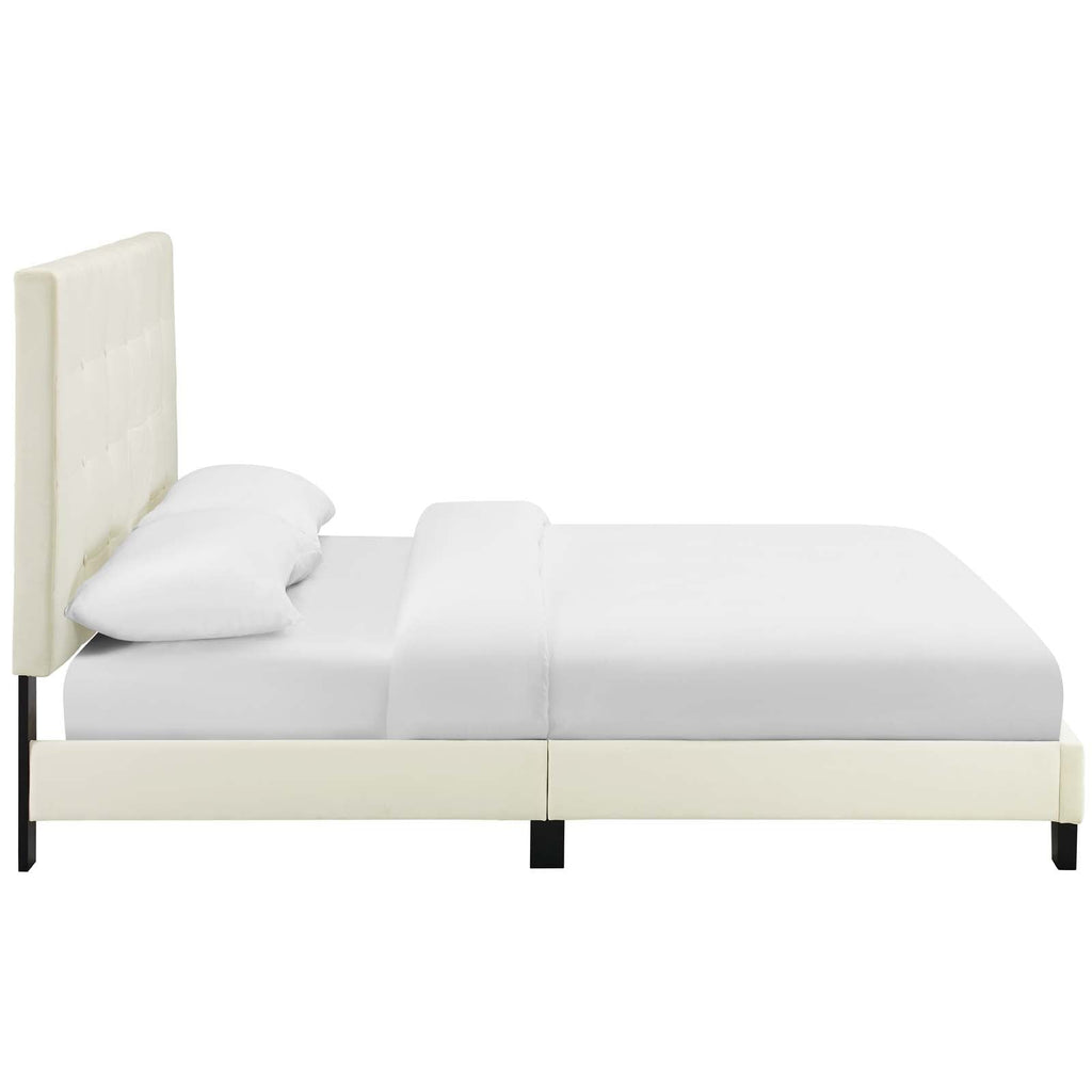 Melanie King Tufted Button Upholstered Performance Velvet Platform Bed in Ivory