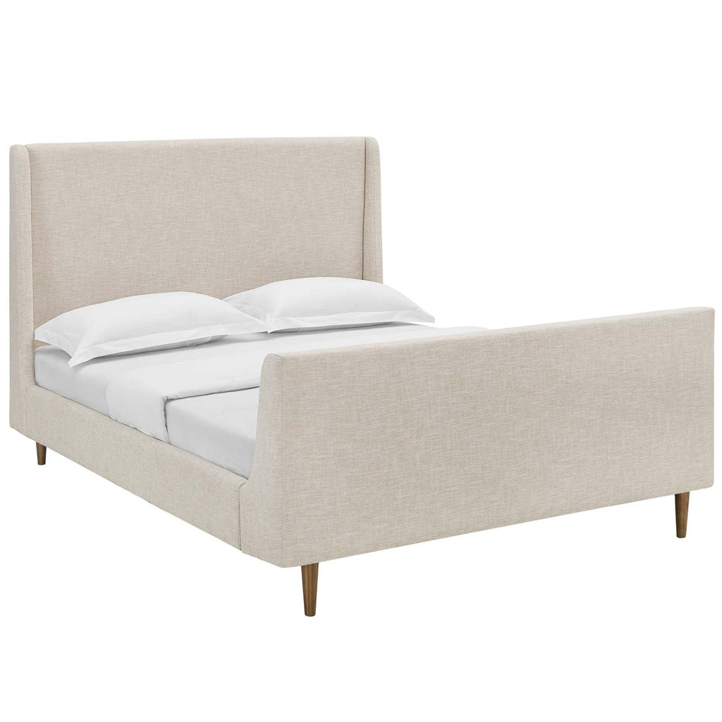 Aubree Queen Upholstered Fabric Sleigh Platform Bed in Beige